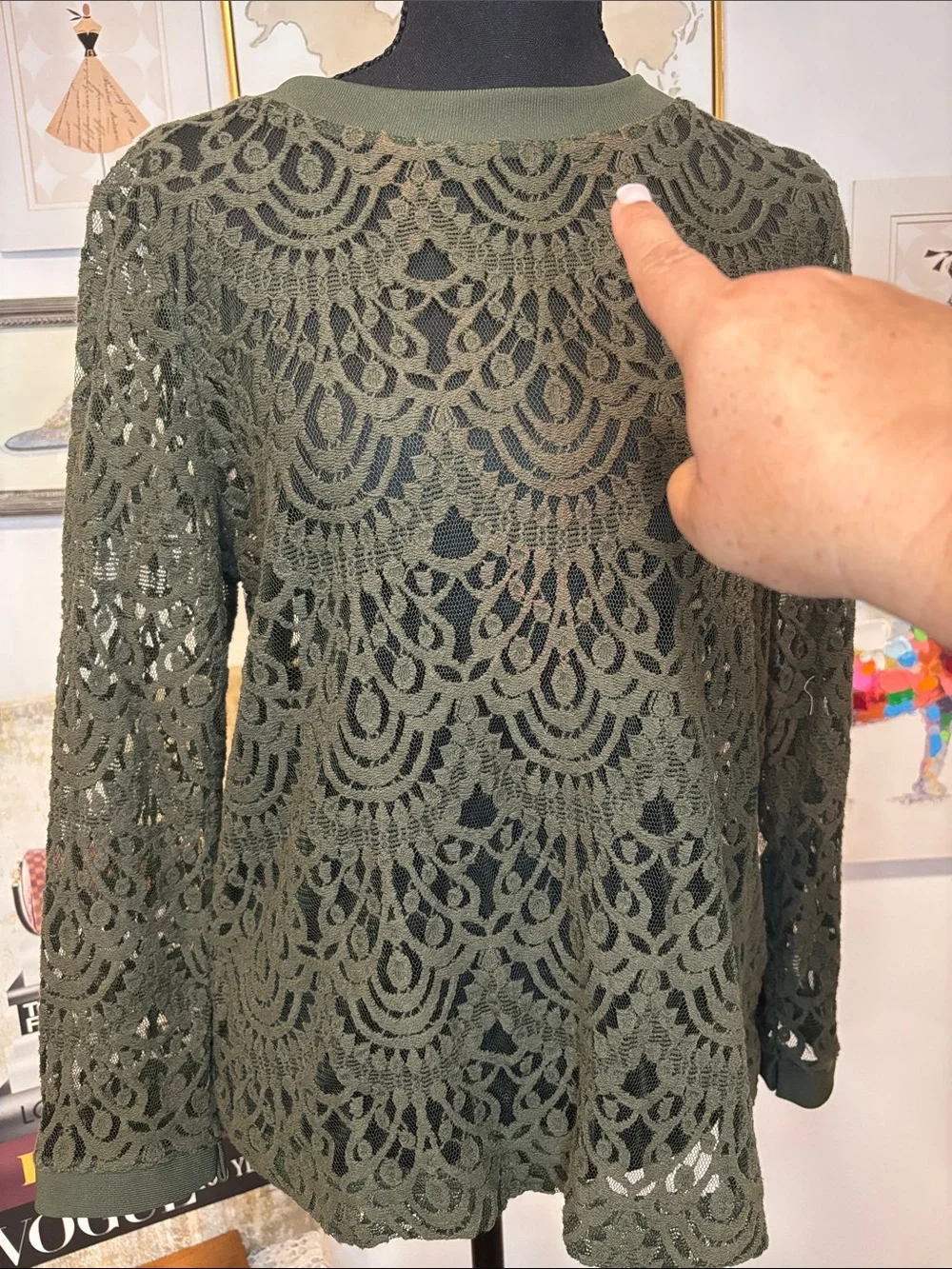 Banana Republic Olive Green Crochet Lace Long Sleeve Top